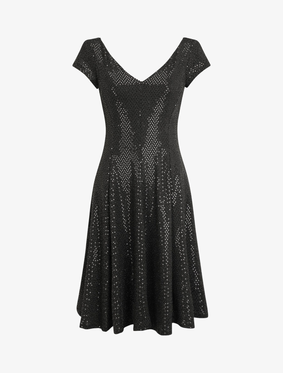 Robe patineuse pailletée à col V - Noir - 1