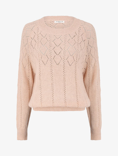 Pull à col rond en maille ajourée - Rose pâle - 1