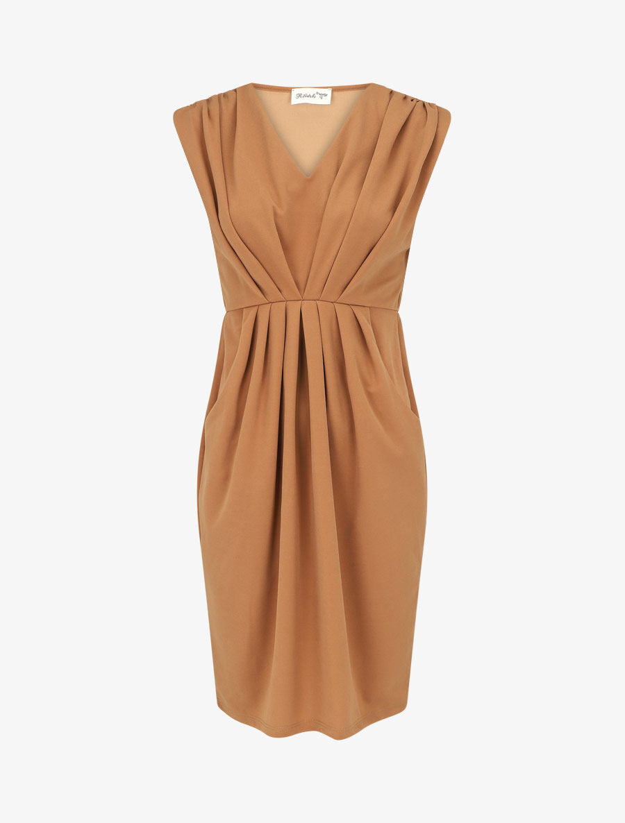 Robe droite effet drapé à col V - Camel - 5