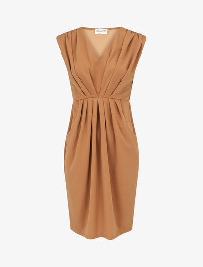 Robe droite effet drapé à col V - Camel - 5
