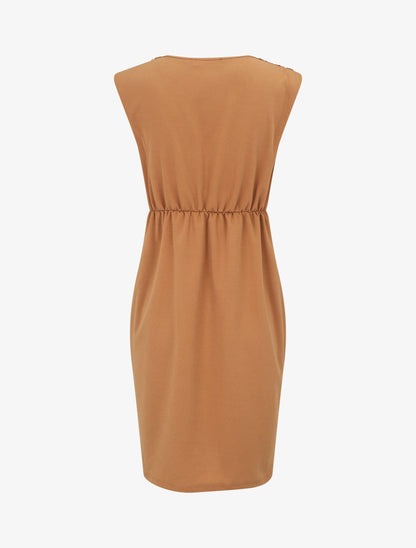 Robe droite effet drapé à col V - Camel - 2