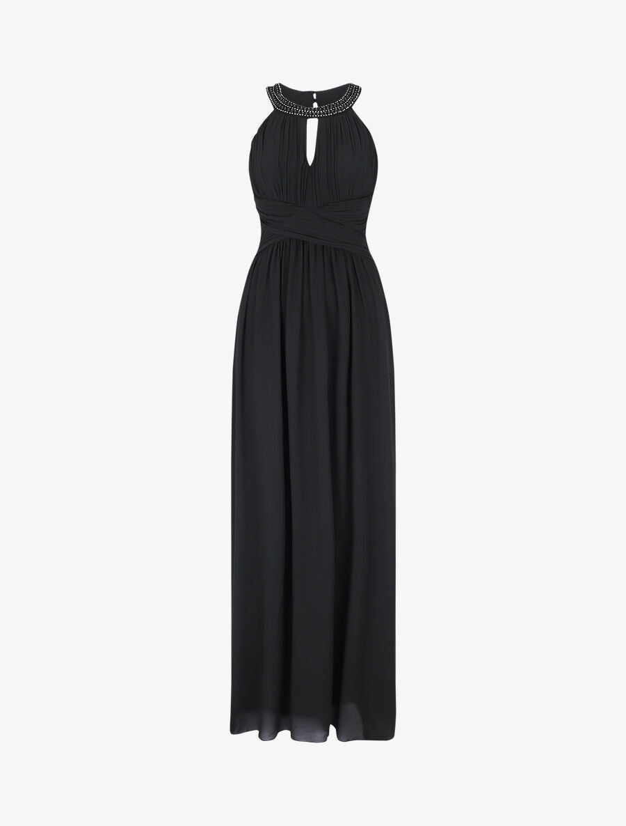 Robe longue à col américain orné de strass - Noir - 1
