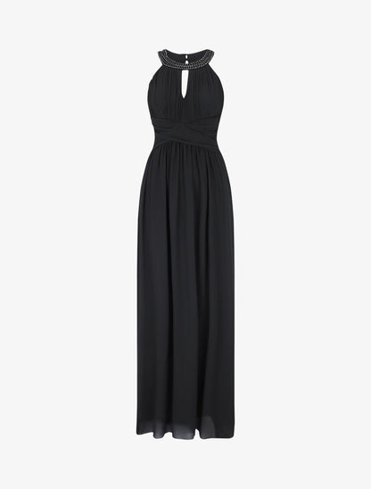 Robe longue à col américain orné de strass - Noir - 1