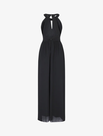 Robe longue à col américain orné de strass - Noir - 2