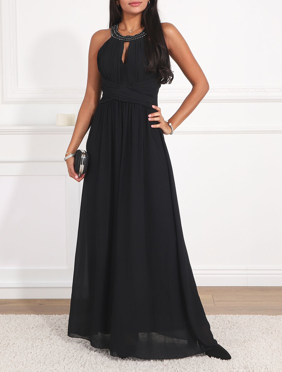 Robe longue à col américain orné de strass - Noir - 3