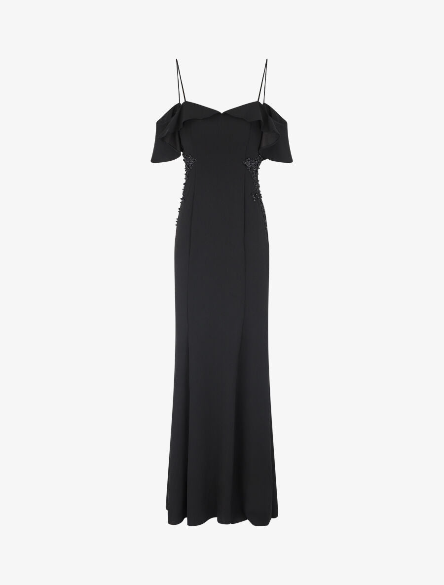 Robe longue à col V volanté - Noir - 5