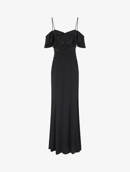 Robe longue à col V volanté - Noir - 2