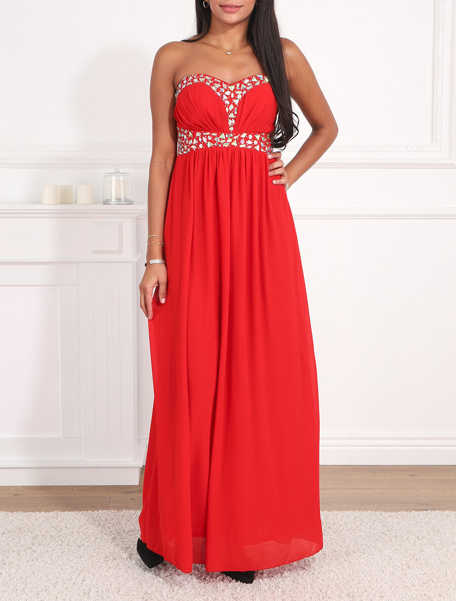Robe longue à détail strass - Rouge - 4