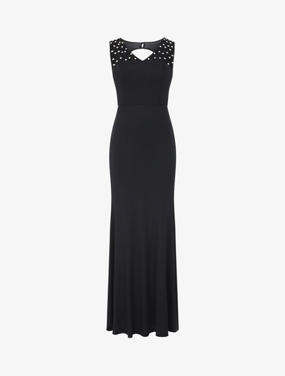 Robe de soirée unie incrustée de pierres - Noir - 5