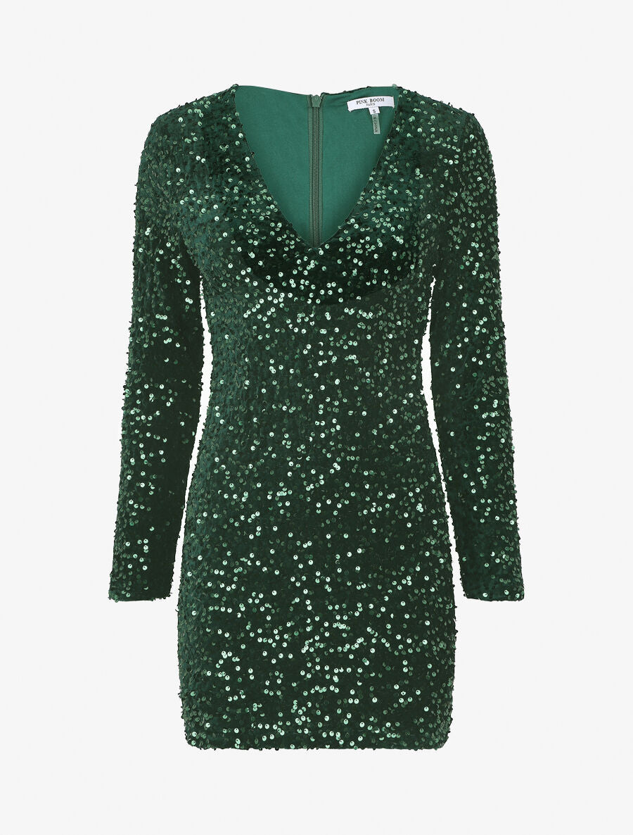 Robe courte en velours à sequins - Vert foncé - 5