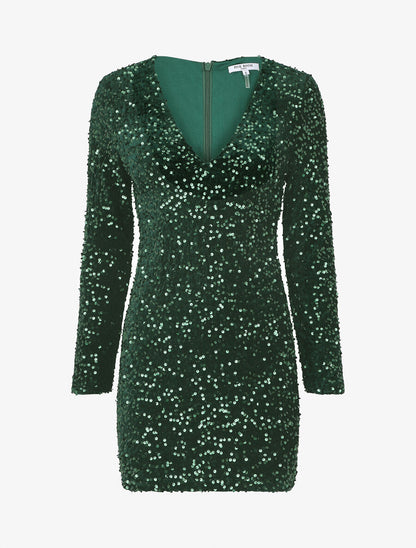 Robe courte en velours à sequins - Vert foncé - 5