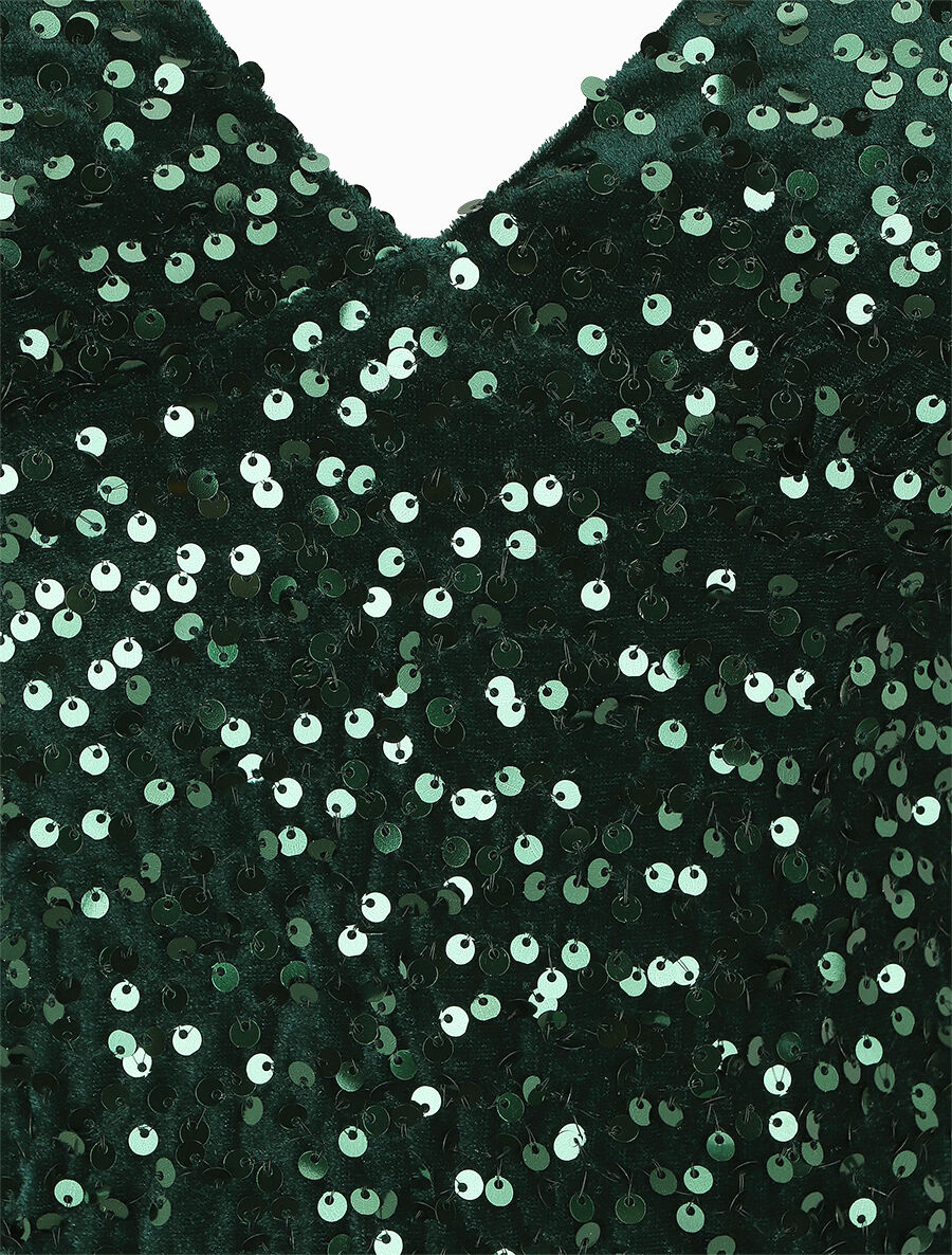 Robe courte en velours à sequins - Vert foncé - 3