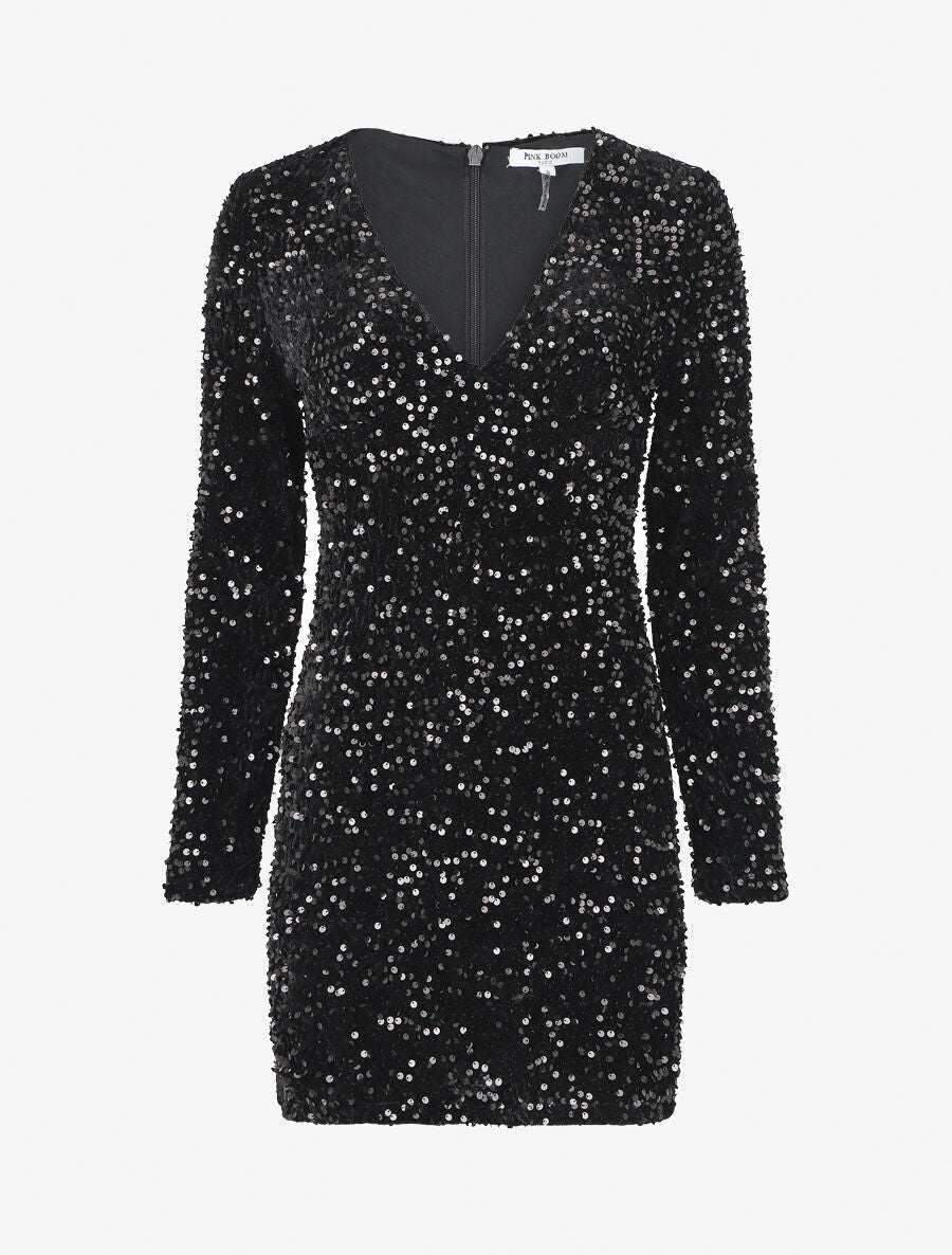 Robe courte en velours à sequins - Noir - 1