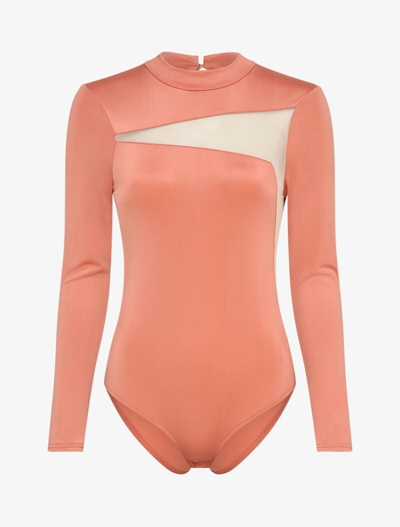 Body satiné à empiècement transparent - Rose poudré - 1