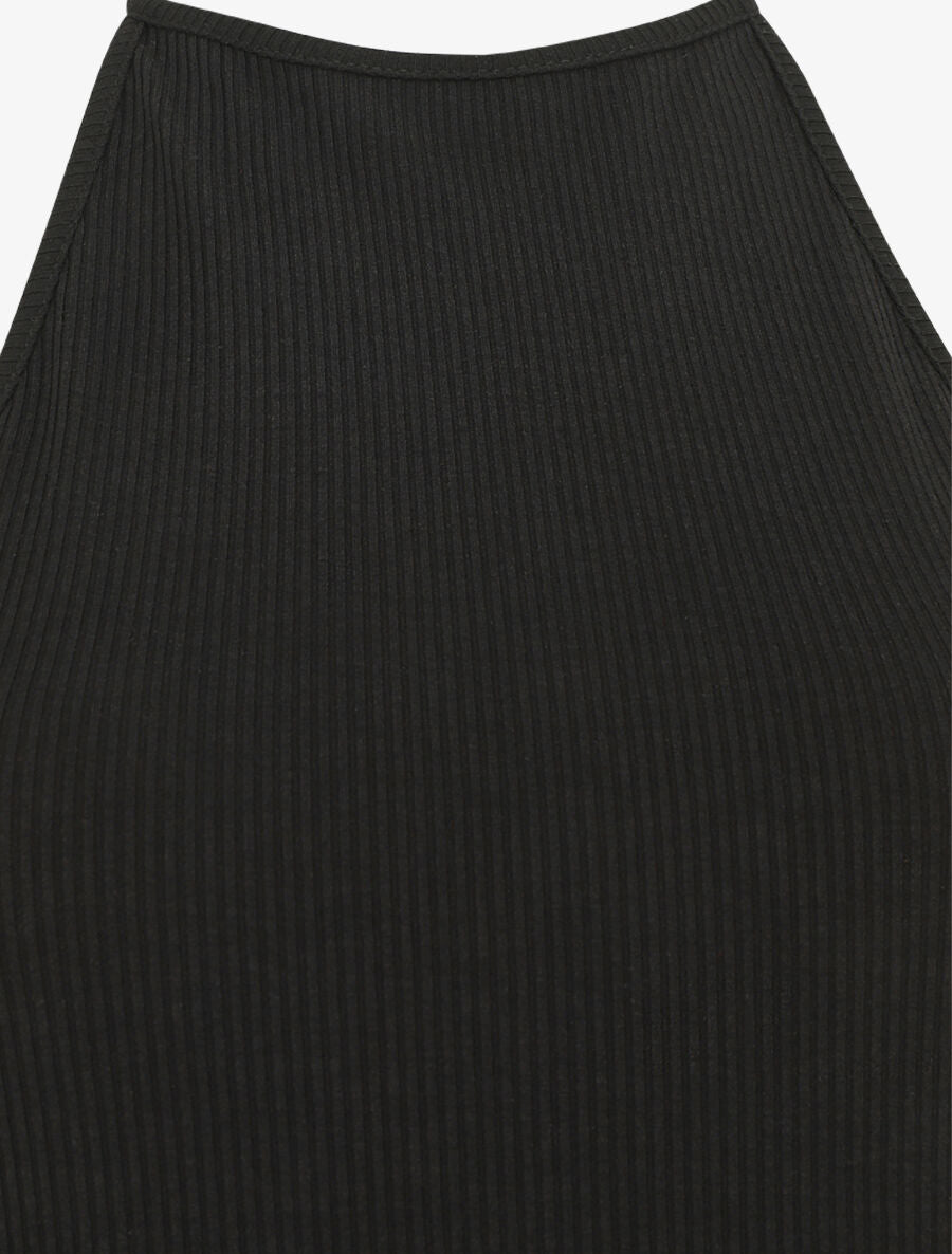 Robe unie côtélé à dos-nu - Noir - 3