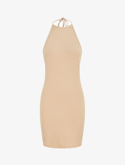 Robe unie côtélé à dos-nu - Beige - 1