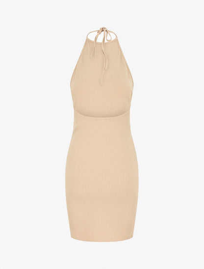 Robe unie côtélé à dos-nu - Beige - 2