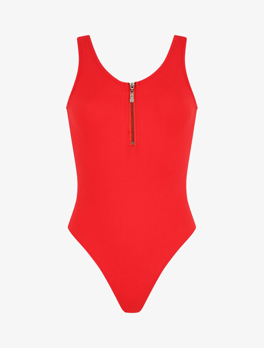 Body uni côtelé à col zippé - Rouge - 1