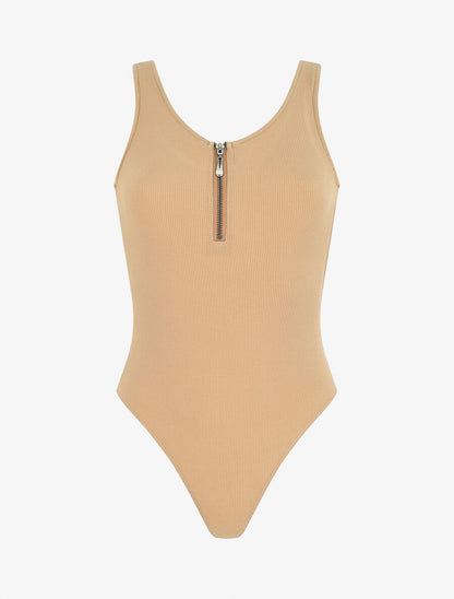 Body uni côtelé à col zippé - Camel - 5