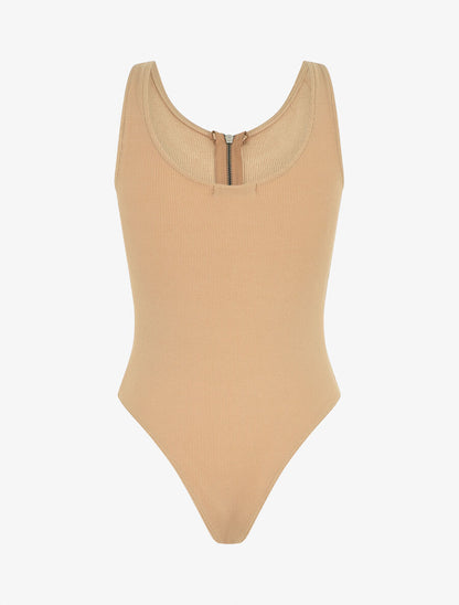 Body uni côtelé à col zippé - Camel - 2