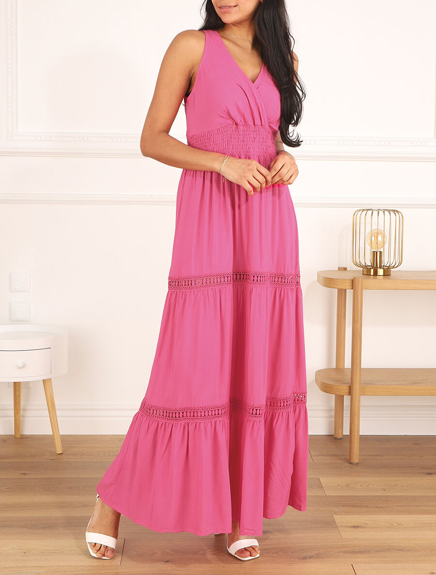 Robe longue unie à taille élastiquée - Fushia - 1