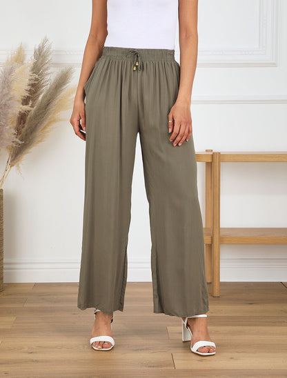 Pantalon fluide coupe droite taille haute - Kaki - 4