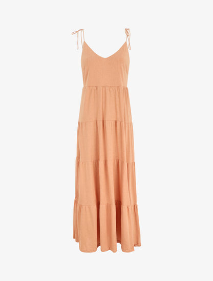 Robe longue à fines bretelles à nouer aux épaules - Rose saumon - 5