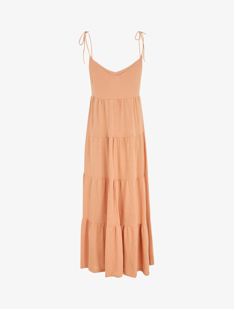 Robe longue à fines bretelles à nouer aux épaules - Rose saumon - 2