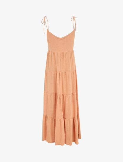 Robe longue à fines bretelles à nouer aux épaules - Rose saumon - 2