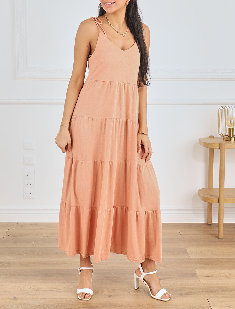 Robe longue à fines bretelles à nouer aux épaules - Rose saumon - 4