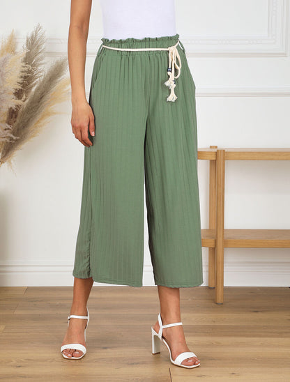 Pantalon côtelé taille haute coupe ample - Vert - 4