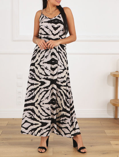 Robe longue à fines bretelles imprimé graphique - Gris - 4