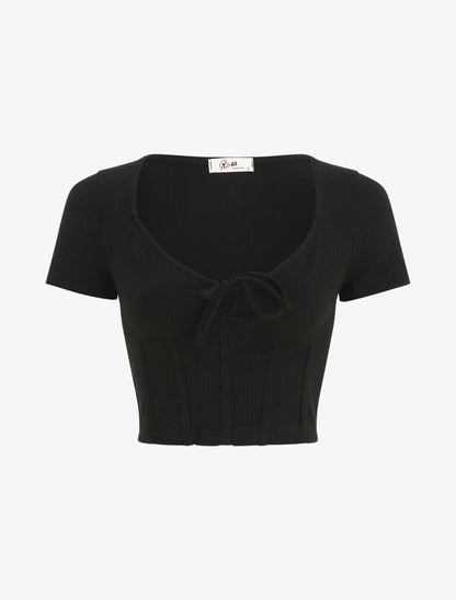 Crop top style corset manches courtes - Noir - 1