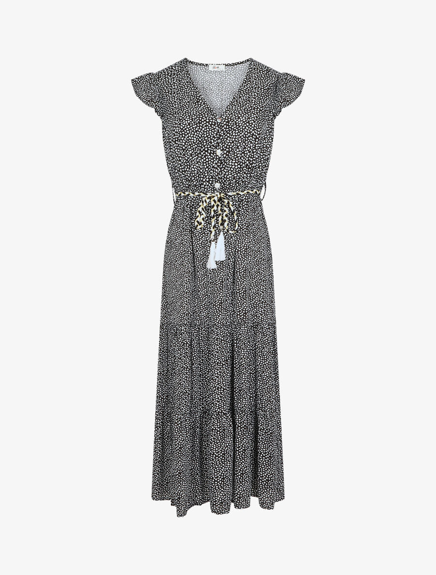 Robe longue à mancherons imprimé tulipe - Noir - 5