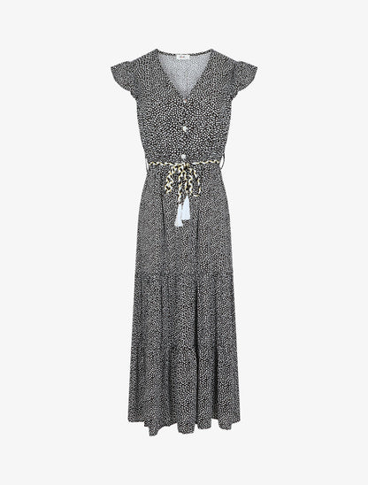 Robe longue à mancherons imprimé tulipe - Noir - 5