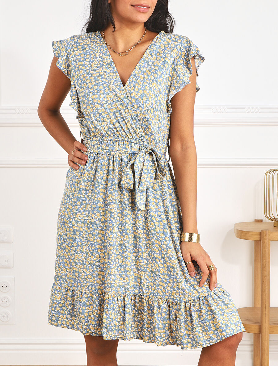 Robe mi-longue imprimé fleuri coupe patineuse - Bleu - 4