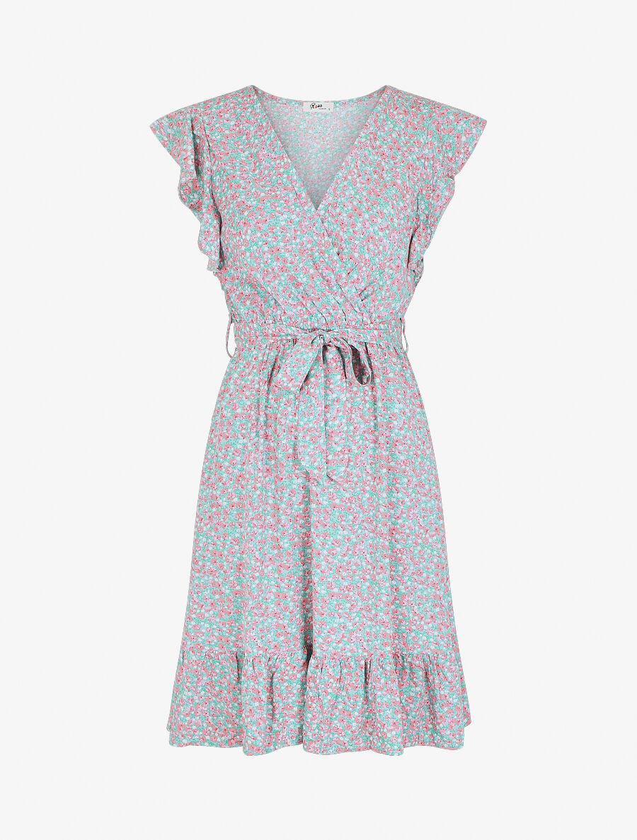 Robe mi-longue imprimé fleuri coupe patineuse - Vert d&