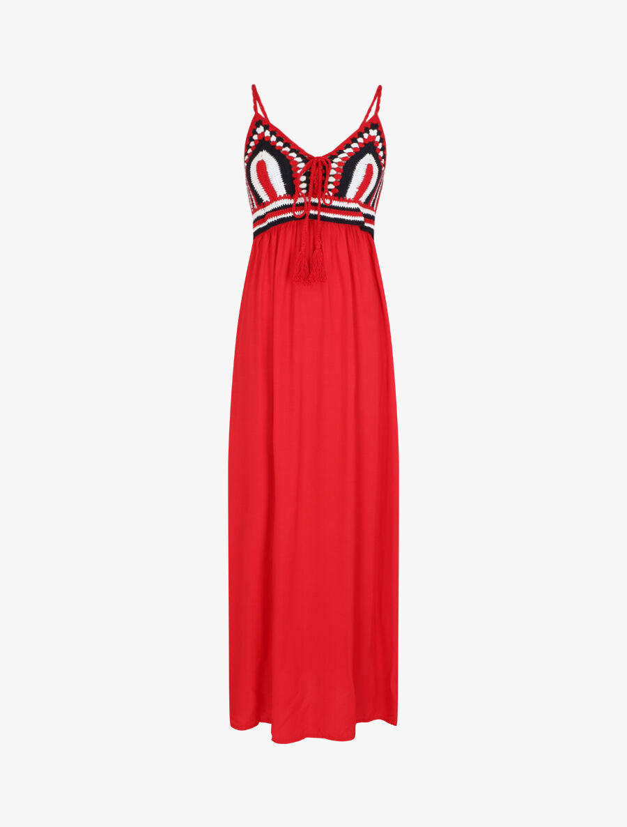 Robe longue à buste brodé - Rouge - 5