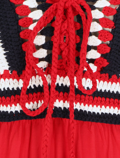 Robe longue à buste brodé - Rouge - 4