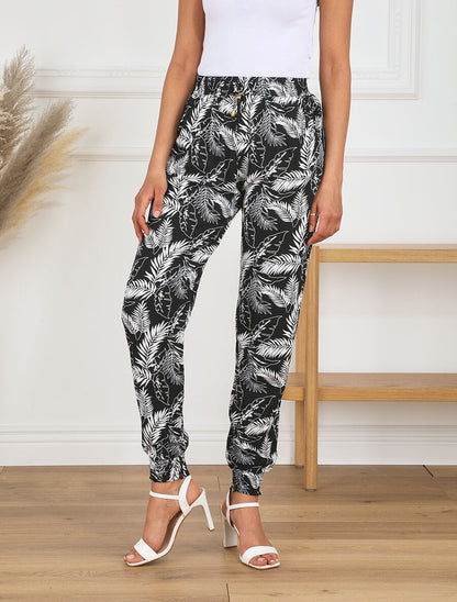 Pantalon ample imprimé feuilles à taille élastiquée - Noir - 4