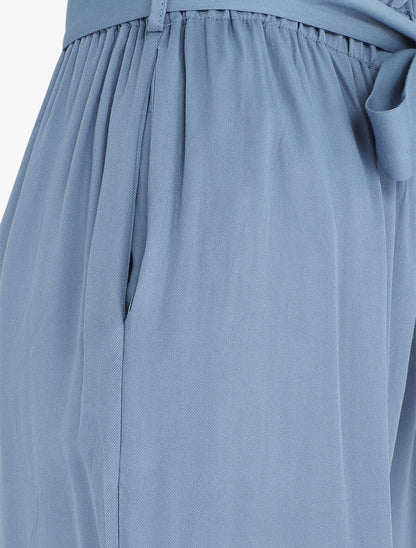 Pantalon droit uni taille haute élastiquée - Bleu - 3
