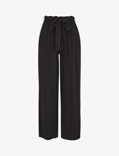 Pantalon droit uni taille haute élastiquée - Noir - 1