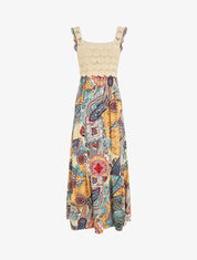 Robe longue imprimé foulard et broderie fluide - Kaki - 5
