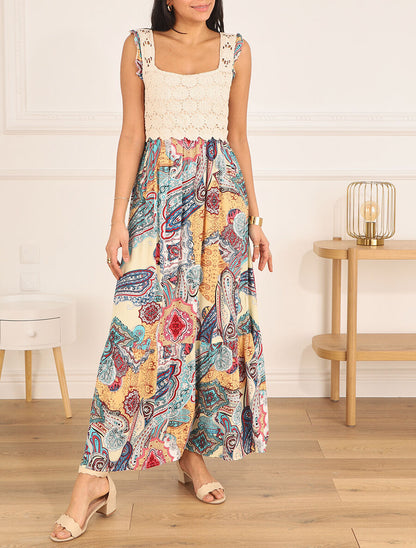 Robe longue imprimé foulard et broderie fluide - Kaki - 4