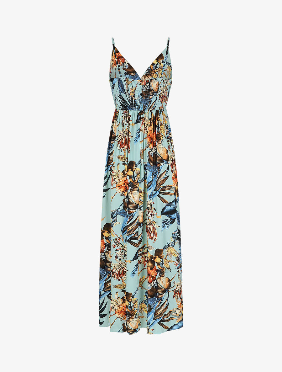 Robe longue élastiquée à imprimé fleurs tropical - Vert d&