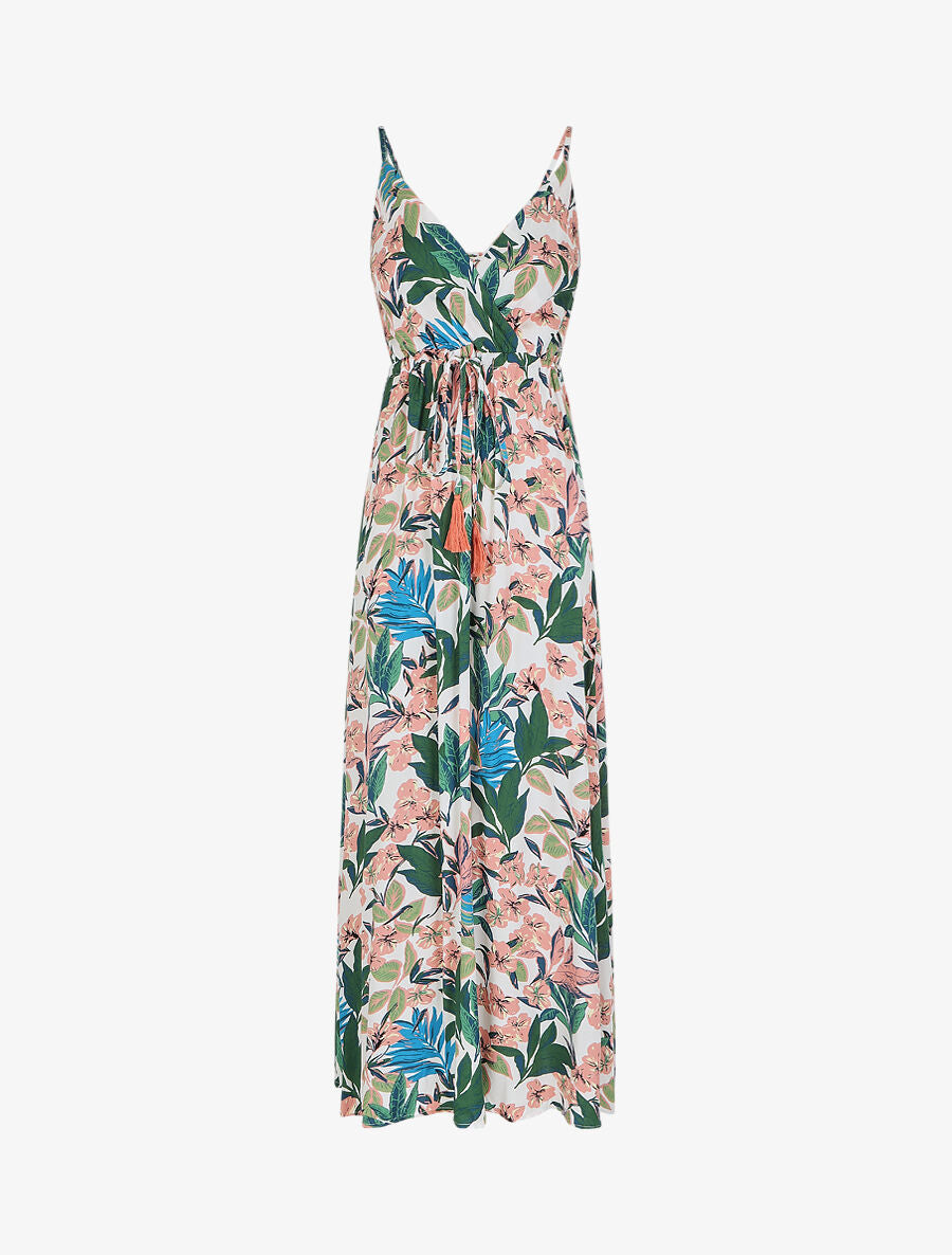 Robe longue élastiquée à imprimé feuillage - Blanc - 2
