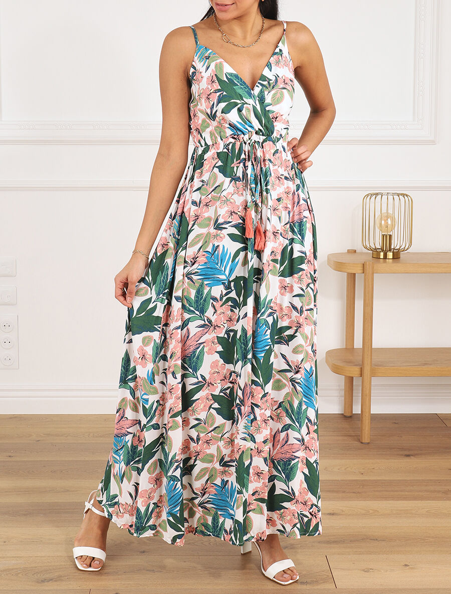 Robe longue élastiquée à imprimé feuillage - Blanc - 5