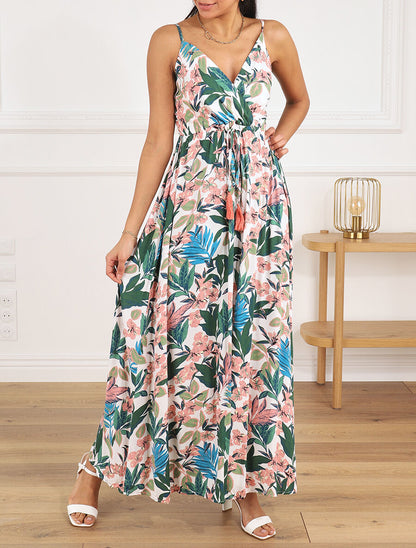 Robe longue élastiquée à imprimé feuillage - Blanc - 5