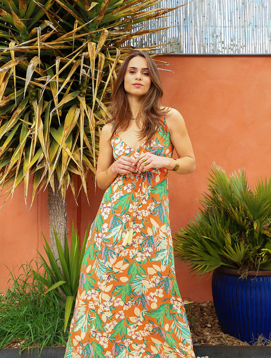 Robe longue élastiquée à imprimé feuillage - Orange - 5