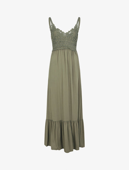 Robe longue à bretelles et col en dentelle - Kaki - 1